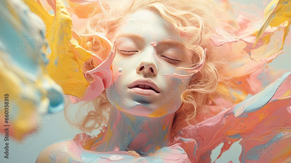 Artistic representation with a model's face covered in swirls of pastel-colored paints, evoking spring vibes