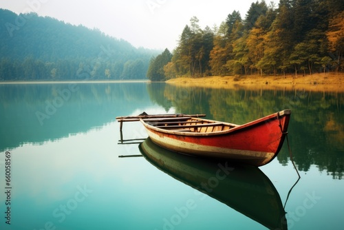 A boat floating in smooth water at tranquil lake © Оксана Олейник