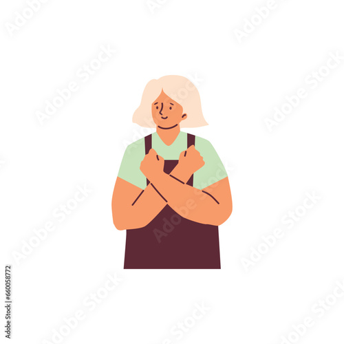 Young woman or teenager communicating in sign language, flat vector illustration isolated on white background.