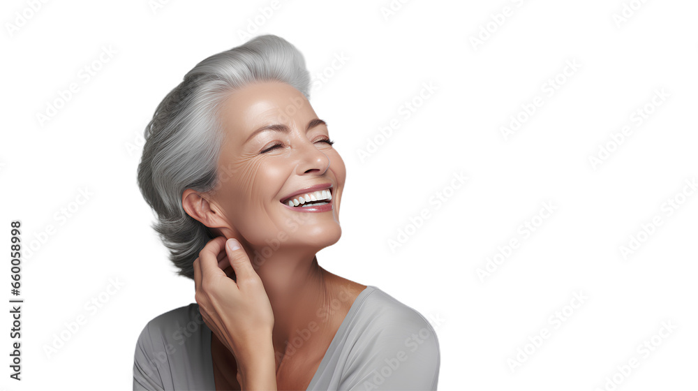 Black adult woman touch face with smooth healthy skin. Beautiful aging mature woman with long gray hair and happy shy smiling. Beauty and cosmetics skincare ads. Isolated on Transparent background. Black adult woman touch face with smooth healthy skin. Beautiful aging mature woman with long gray hair and happy shy smiling. Beauty and cosmetics skincare ads. Isolated on Transparent background.