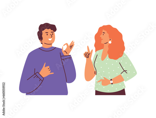 Man and woman communicating with each other in sign language, flat vector illustration isolated on white background.