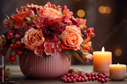 Beautiful flowers in vintage vase and scented candle