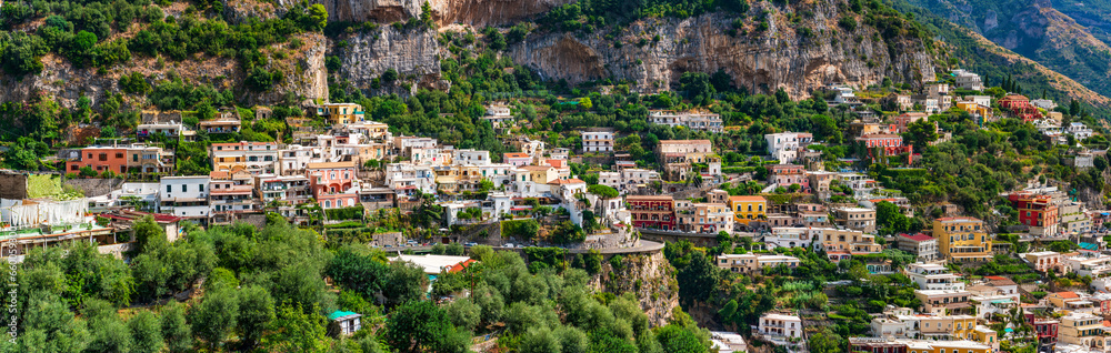 Panoramic view of Positano - a cliffside village on southern Italy's Amalfi Coast.