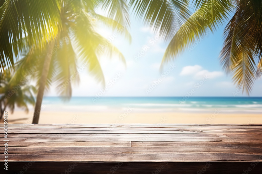 Top of wood table with blurred sea and coconut tree background. Empty ready for your product display montage. Concept of beach in summer