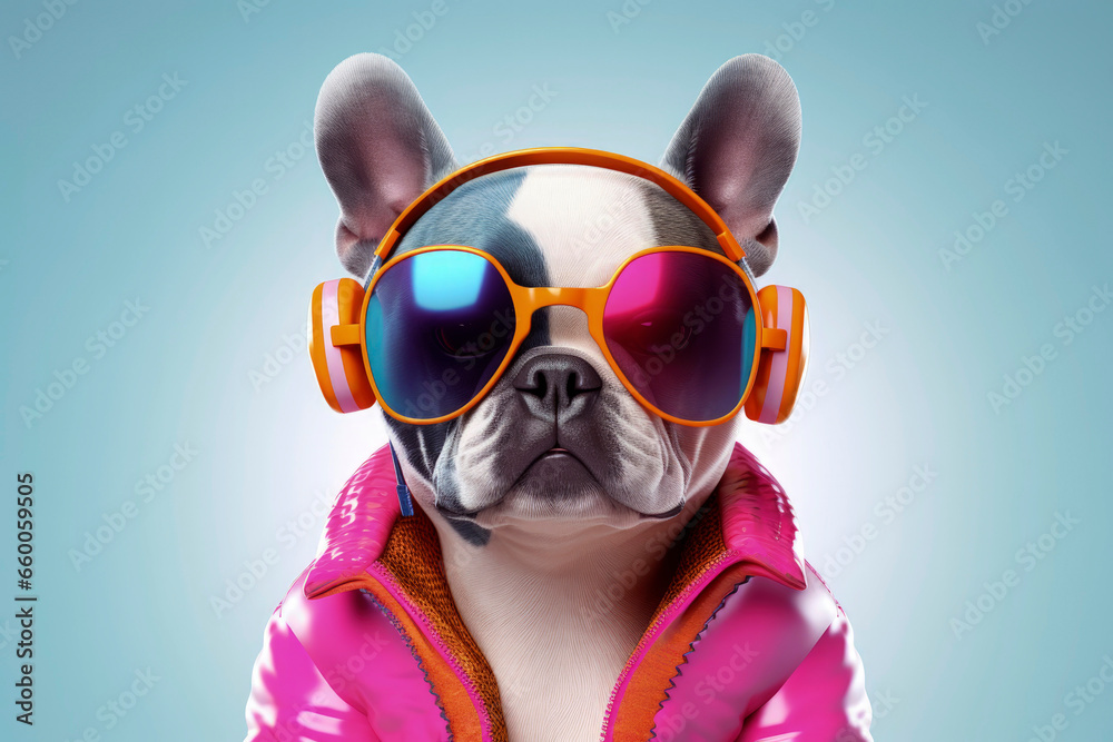 Generative AI illustration of dog dressed in hip hop clothes - obrazy, fototapety, plakaty 