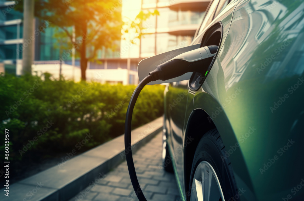 Generative AI illustration of electric car charging the battery Generative AI illustration of electric car charging the battery