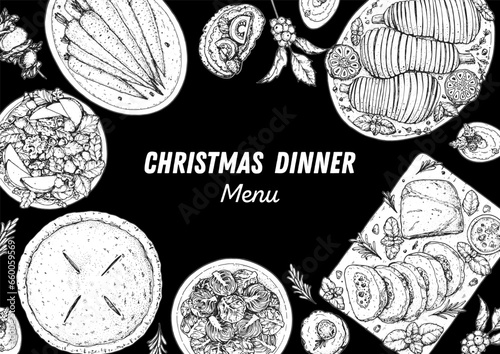 Christmas food. Christmas dinner. Holiday menu. Food design template. Engraved style background. Food and drink set. Hand drawn sketch, design template.
