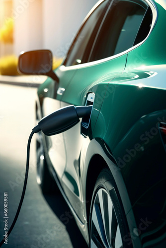 Generative AI illustration of electric car charging the battery © Eduardo Lopez