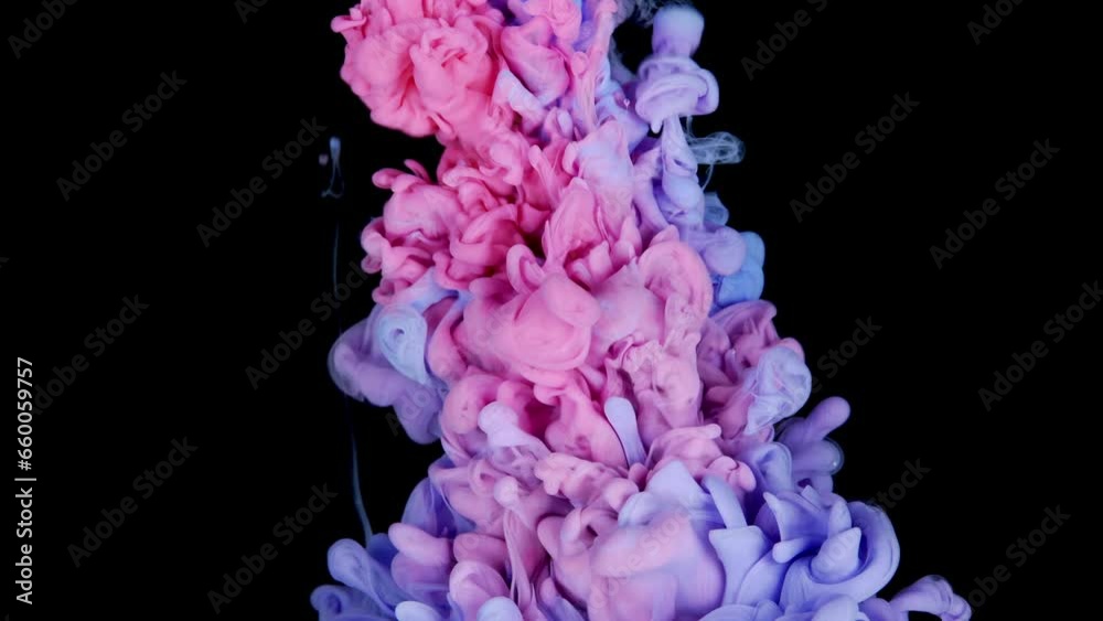 Artistic Transformation Unveiled: Blue Paint and Pink Acrylic Ink Blend in Water, Revealing a Dynamic Colorful Cloud on Black Artistic Transformation Unveiled: Blue Paint and Pink Acrylic Ink Blend in Water, Revealing a Dynamic Colorful Cloud on Black