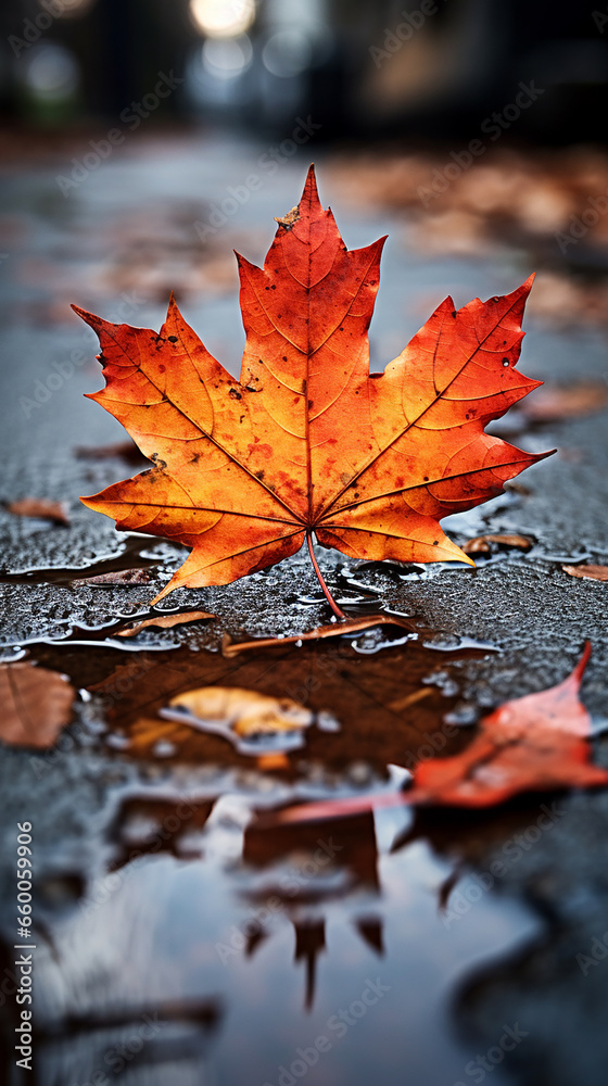 Orange maple leaf in a puddle. Autumn background. Selective focus. Orange maple leaf in a puddle. Autumn background. Selective focus.