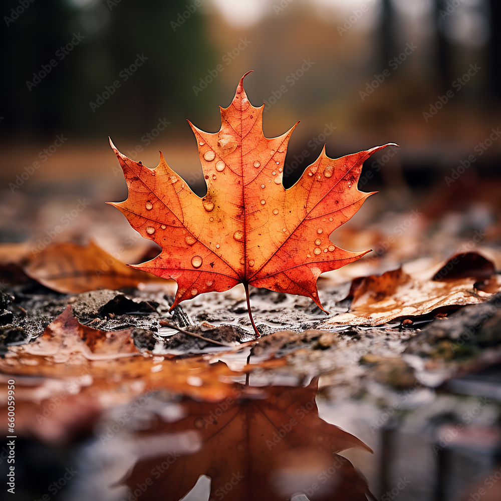 Orange maple leaf in a puddle. Autumn background. Selective focus. Orange maple leaf in a puddle. Autumn background. Selective focus.