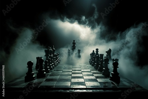 Fotobehang Chessboard symbolizes business strategy, figures in smoky, competitive atmospher