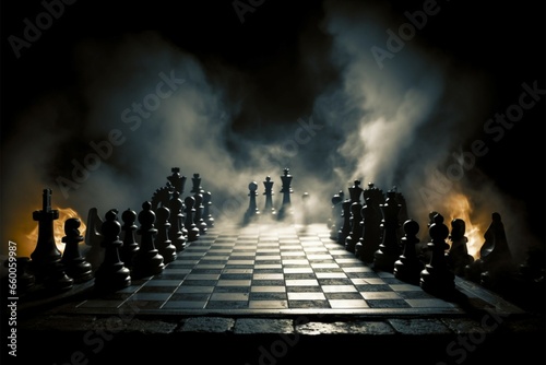 Chessboard symbolizes business strategy, figures in smoky, competitive atmosphere photo