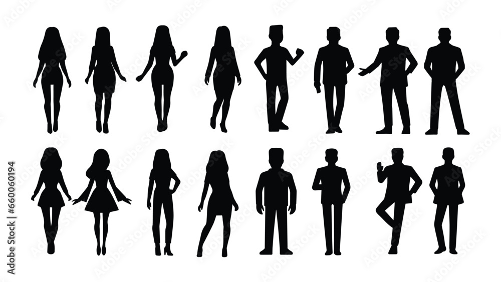 Working people silhouette set collection vector, business men and business women character full body black icon isolated on awhite background - obrazy, fototapety, plakaty 