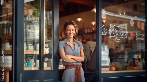 Smiling woman is standing at the entrance doors of her store. In the coffee shop, a cheerful middle-aged waitress is waiting for customers. Small business owner is standing at the entrance. photo