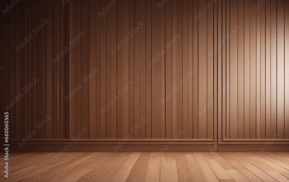 Light brown empty wall with decorative paneling and wood flooring with interesting light reflections and smooth floor Light brown empty wall with decorative paneling and wood flooring with interesting light reflections and smooth floor
