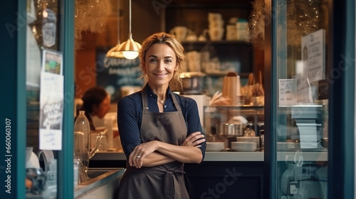 Smiling woman is standing at the entrance doors of her store. In the coffee shop, a cheerful middle-aged waitress is waiting for customers. Small business owner is standing at the entrance.