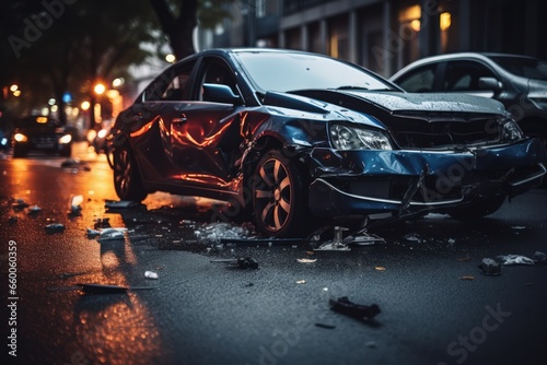 Car accident. The dangers of speeding and drunk driving. A car being torn to pieces on the side of an urban road. Life, liability and property insurance.