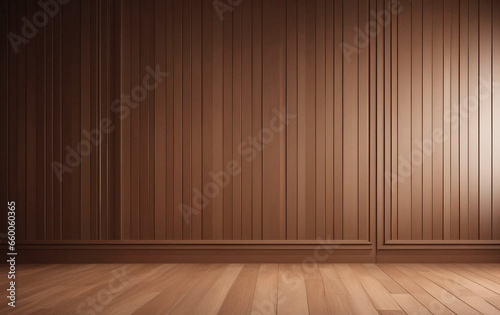 Light brown empty wall with decorative paneling and wood flooring with interesting light reflections and smooth floor