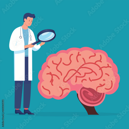 Doctor checking a brain flat style vector illustration, Doctor searching something in a brain concept, Brain doctor, neurologist, or neurosurgeon with a brain stock vector image
