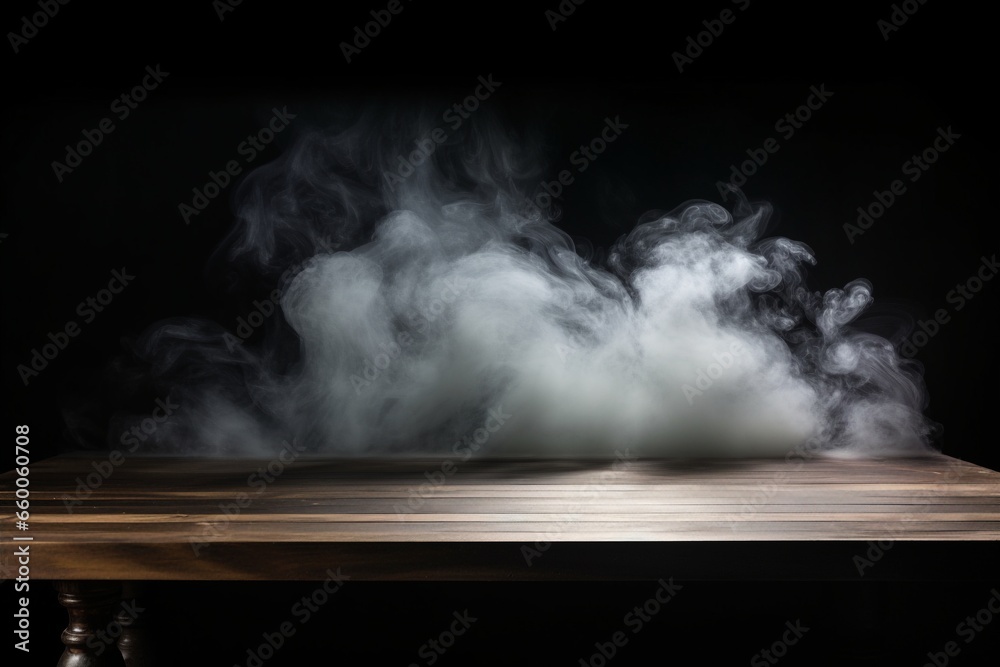 An empty wooden table set against a dark background, with wisps of smoke rising, creating space for displaying your products. Created with generative AI tools