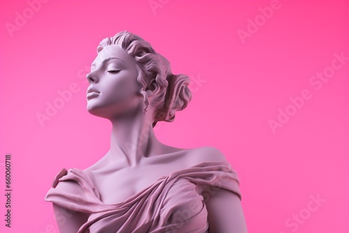 An exquisite stone Greek female statue set on a pink backdrop. Created with generative AI tools