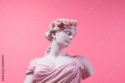 An exquisite stone Greek female statue set on a pink backdrop. Created with generative AI tools © Oleksii