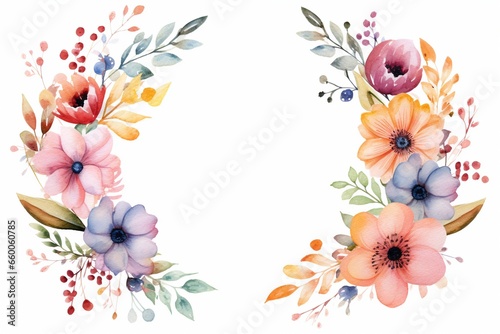 A watercolor floral frame featuring two symmetrical wreaths made of lively multicolored flowers and leaves, forming a mirror image against a pristine white backdrop. Created with generative AI tools