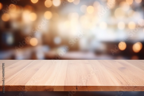 A light-colored wooden table top with a blurred background of a warm and inviting restaurant or bar. Created with generative AI tools