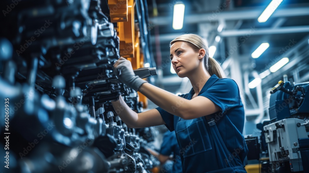 Woman worker wearing safety goggles control lathe machine to drill components. Metal lathe industrial manufacturing factory