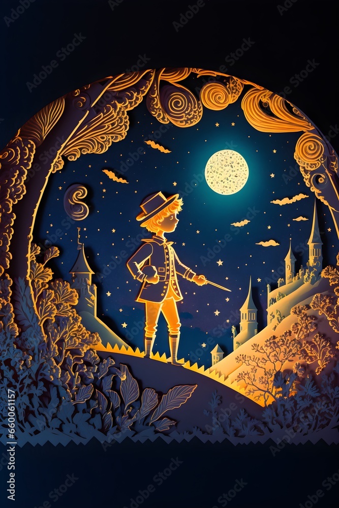 le petit prince paper Theater illustration night ornate detailed vivid colors background comic style 