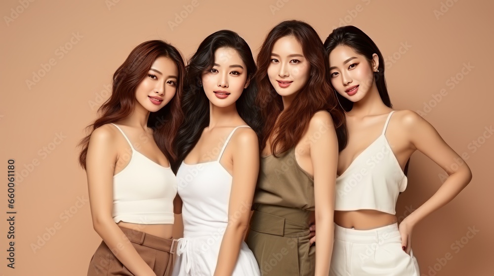 aesthetic and young asian friends together for self care,dermatology and support.Beauty,diversity,skin portrait of women happy with makeup for cosmetic skincare isolated in studio brown background. aesthetic and young asian friends together for self care,dermatology and support.Beauty,diversity,skin portrait of women happy with makeup for cosmetic skincare isolated in studio brown background.