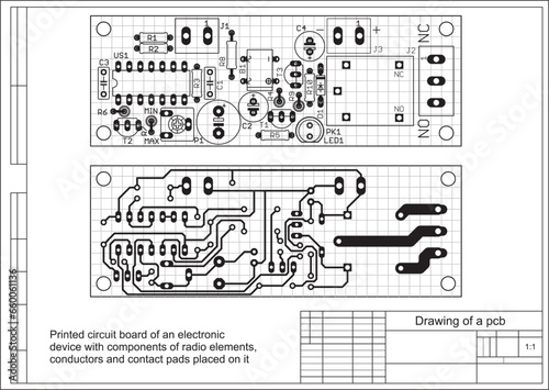 Vector printed circuit board of an electronic 
device with components of radio elements, 
conductors and contact pads placed on it. 
Engineering drawing with grid.
