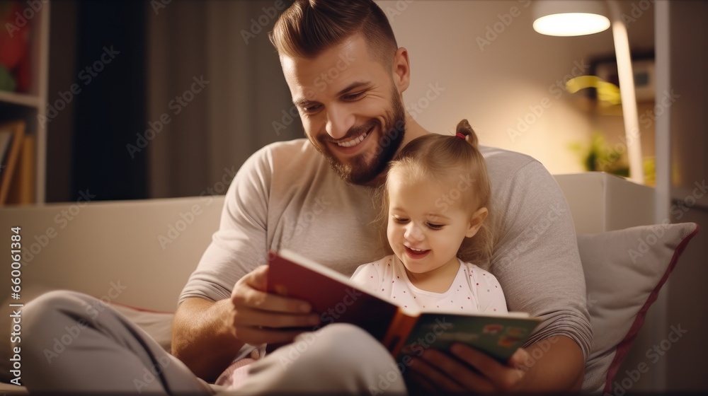 Happy father relax and read book with baby time together at home. parent sit on sofa with daughter and reading a story. learn development, childcare, laughing, education, storytelling, practice. Happy father relax and read book with baby time together at home. parent sit on sofa with daughter and reading a story. learn development, childcare, laughing, education, storytelling, practice.