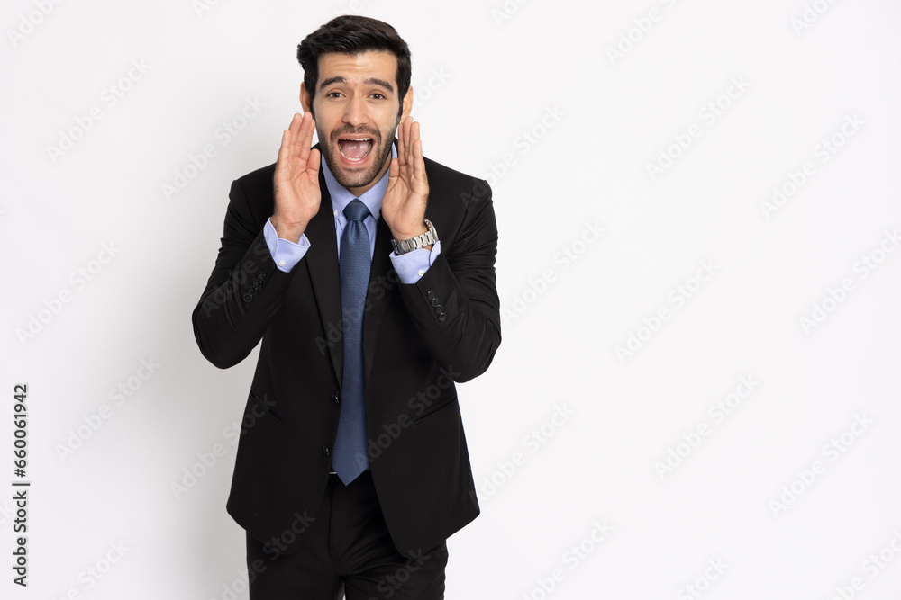 Businessman with open mouths raising hands screaming announcement isolated on white background Businessman with open mouths raising hands screaming announcement isolated on white background