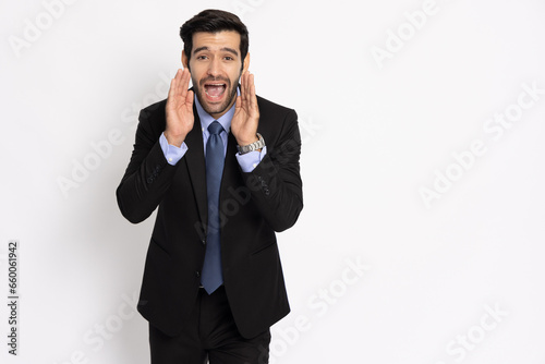 Businessman with open mouths raising hands screaming announcement isolated on white background