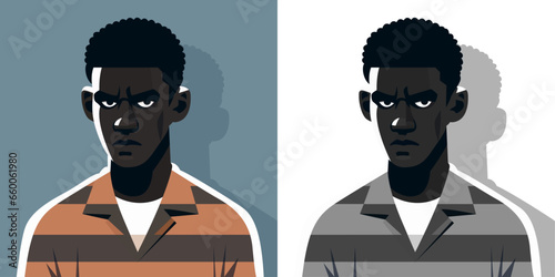 Dark skinned prisoner wearing a striped T shirt vector illustration, Angry black person with curly hair stock vector image