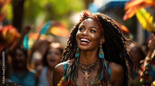 Portrait of a woman enjoying the carnival and smiling. 