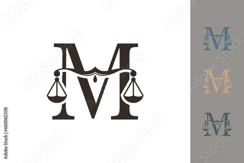 justice law logo with letter m logo design concept