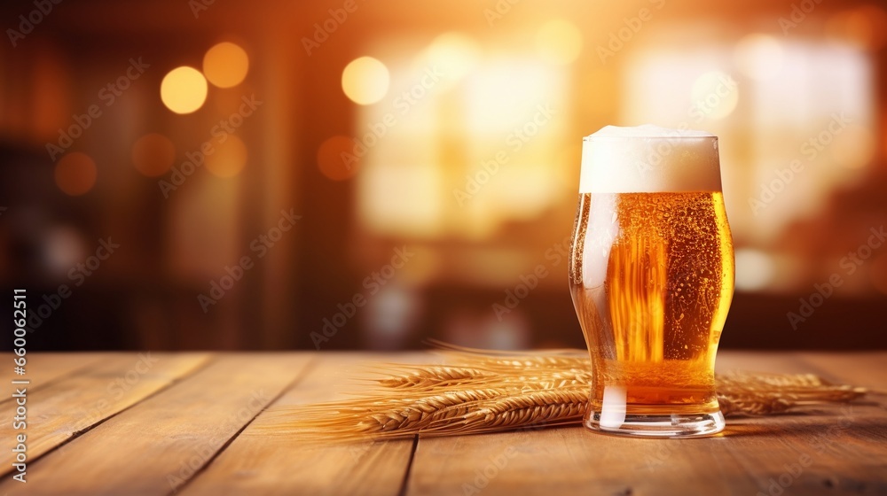 Φωτογραφία Glass of beer on wooden board and blurred bar background