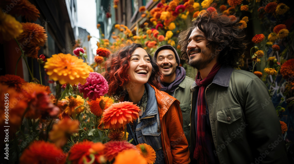 Vibrant flower market brings friends together with joy.
