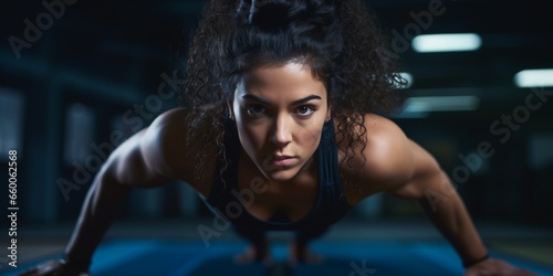 Close up of a young and tough Latino woman pushed from the floor in a gym  concept of work out  woman power and fitness.