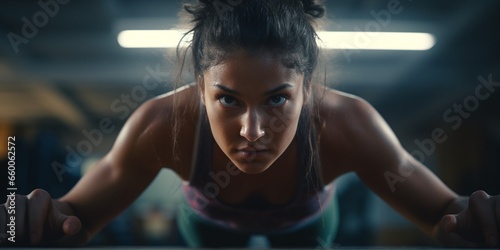 Close up of a young and tough Latino woman pushed from the floor in a gym, concept of work out, woman power and fitness.