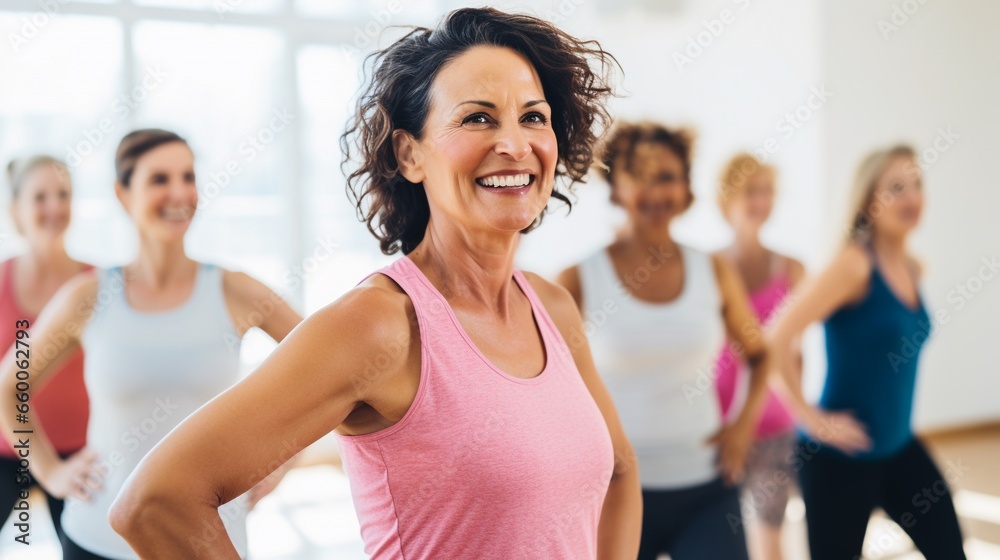 Group of mid aged ladies doing aerobics exercise in sport club, joyful women dancing with friends in work out studio, with copy space.