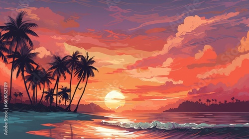 Illustration of a serene and colorful beach