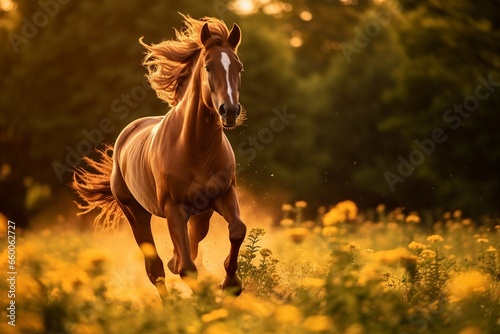 Beautiful red horse with long mane run at summer day in flowers filed with shiny sunshine, with copy space. © JW Studio