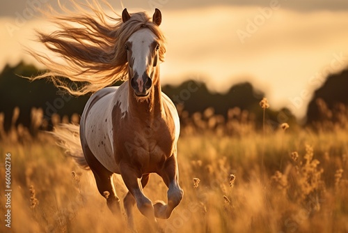 Beautiful red horse with long mane run at summer day in flowers filed with shiny sunshine, with copy space.