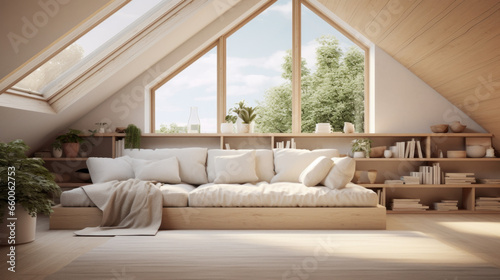 Attic with a built-in window seat and a plush rug and a skylight