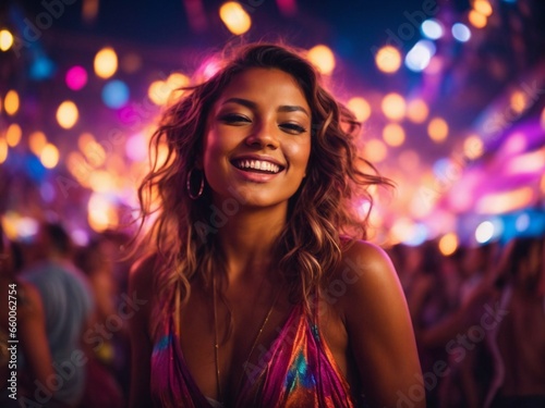 An enchanting scene captures an attractive woman immersed in the vibrant energy of a music festival party. Her movements are graceful and infectious, drawing the attention of those around her. 