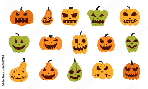 Big set of various orannge, yellow, green pumpkins and scary faces on white background for halloween, iconns, wallpapers, posters, greeting cards, fabrics photo